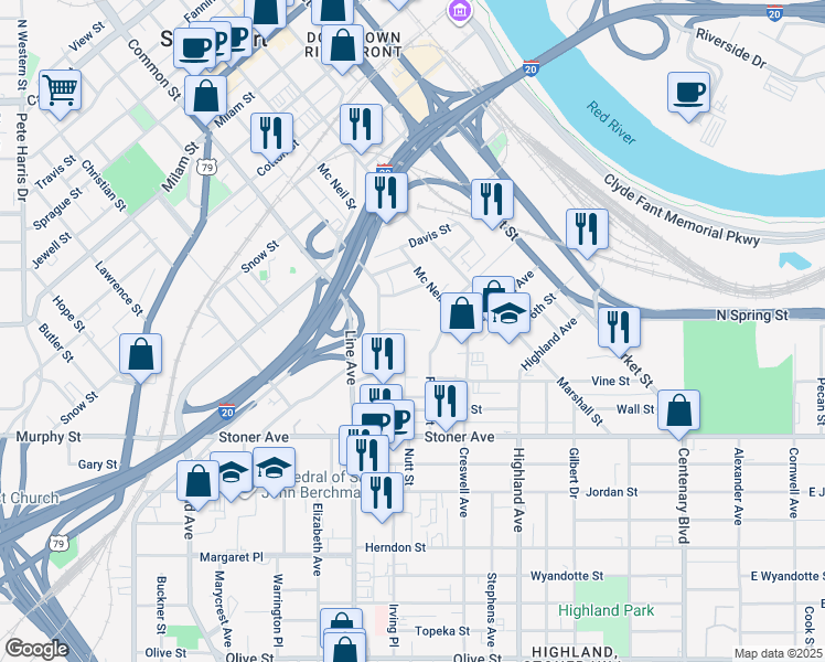 map of restaurants, bars, coffee shops, grocery stores, and more near 1105 Louisiana Avenue in Shreveport