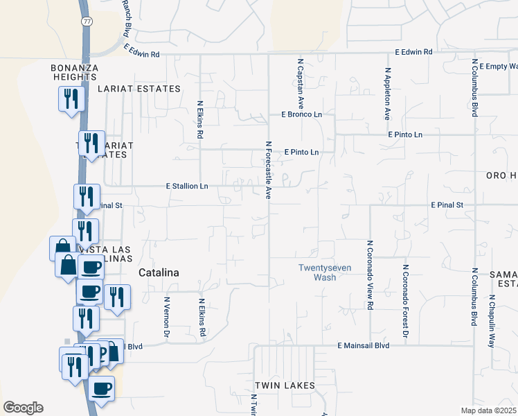 map of restaurants, bars, coffee shops, grocery stores, and more near 16371 North Forecastle Avenue in Tucson