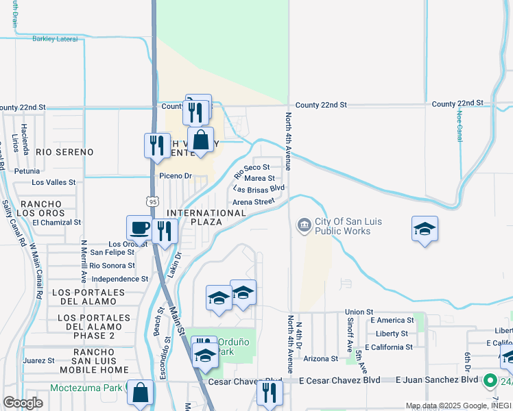 map of restaurants, bars, coffee shops, grocery stores, and more near 787 Arena Street in San Luis