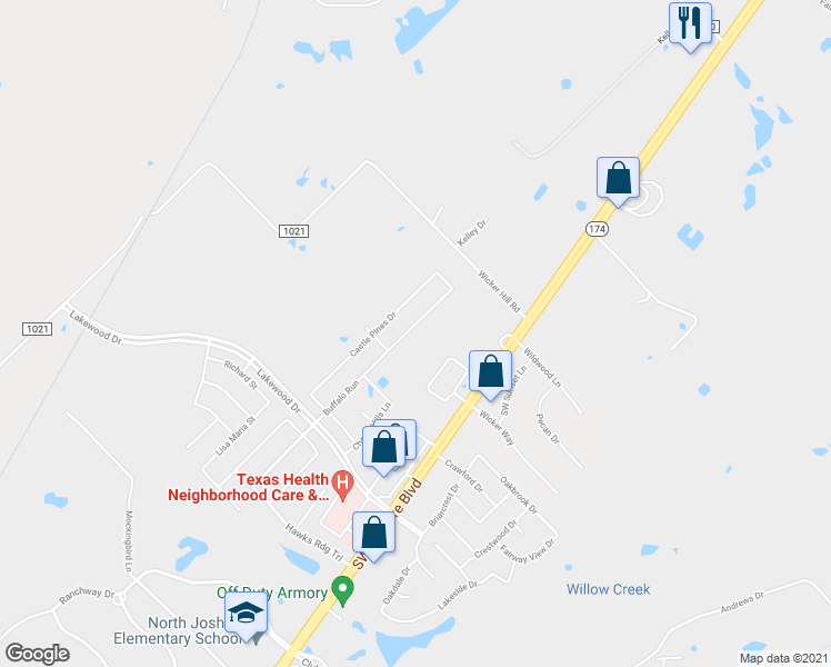 map of restaurants, bars, coffee shops, grocery stores, and more near 2435 Buffalo Run in Burleson
