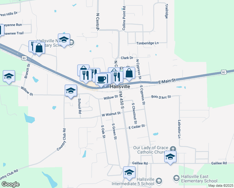 map of restaurants, bars, coffee shops, grocery stores, and more near 102 Willow Street in Hallsville
