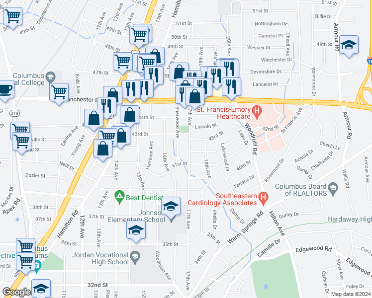 map of restaurants, bars, coffee shops, grocery stores, and more near 4129 17th Avenue in Columbus