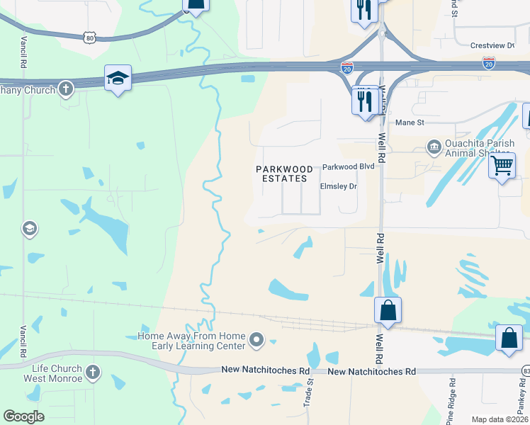 map of restaurants, bars, coffee shops, grocery stores, and more near 120 Wolf Lair Dr in West Monroe