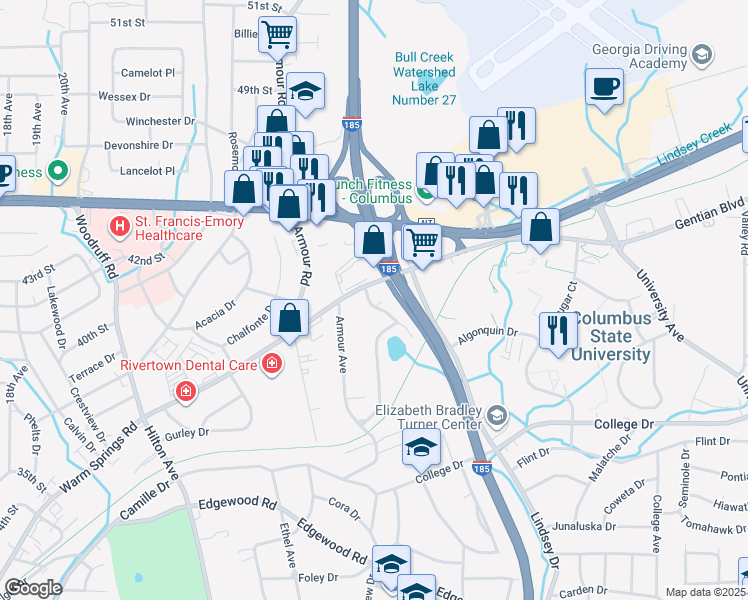 map of restaurants, bars, coffee shops, grocery stores, and more near 2828 Warm Springs Road in Columbus