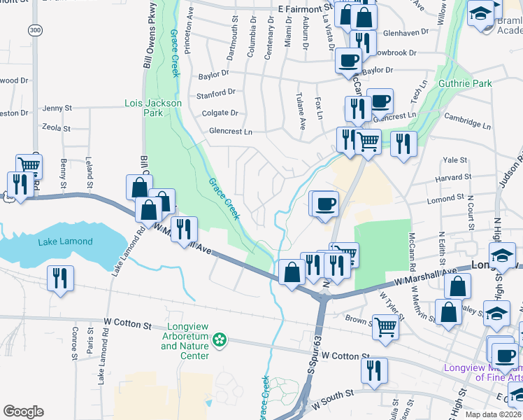 map of restaurants, bars, coffee shops, grocery stores, and more near 618 Kings Mountain Dr in Longview