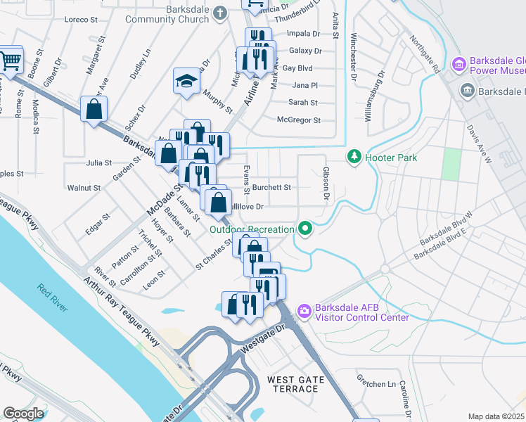 map of restaurants, bars, coffee shops, grocery stores, and more near 1236 Fullilove Drive in Bossier City