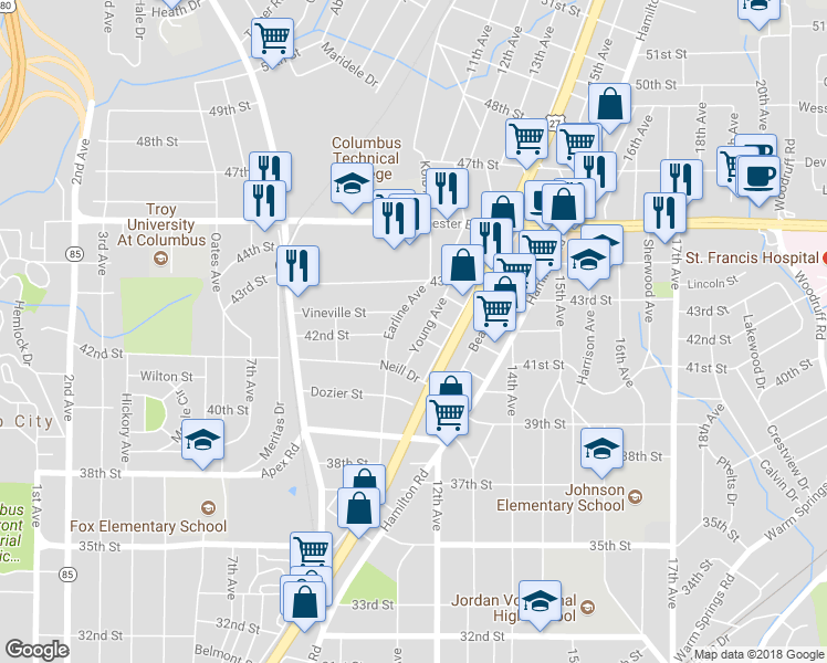 map of restaurants, bars, coffee shops, grocery stores, and more near 4009 Young Avenue in Columbus