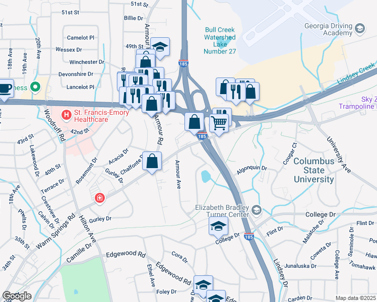 map of restaurants, bars, coffee shops, grocery stores, and more near 2828 Warm Springs Road in Columbus