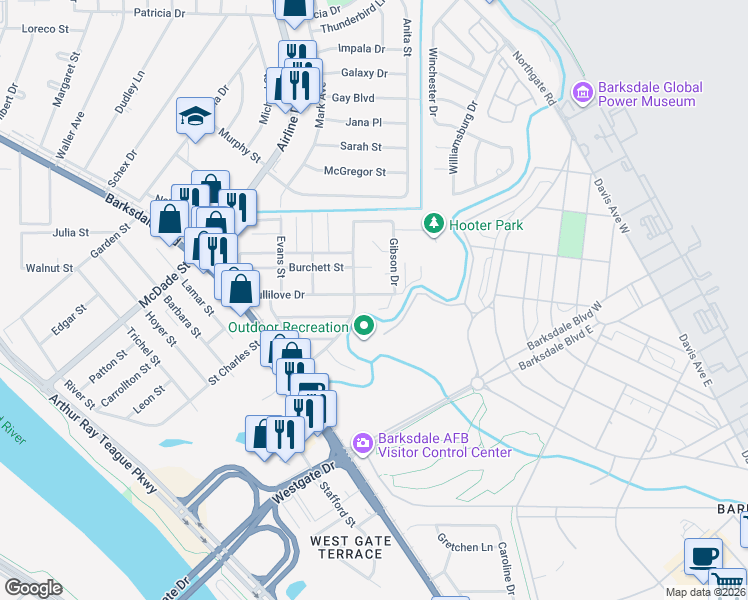 map of restaurants, bars, coffee shops, grocery stores, and more near 1420 Fullilove Drive in Bossier City