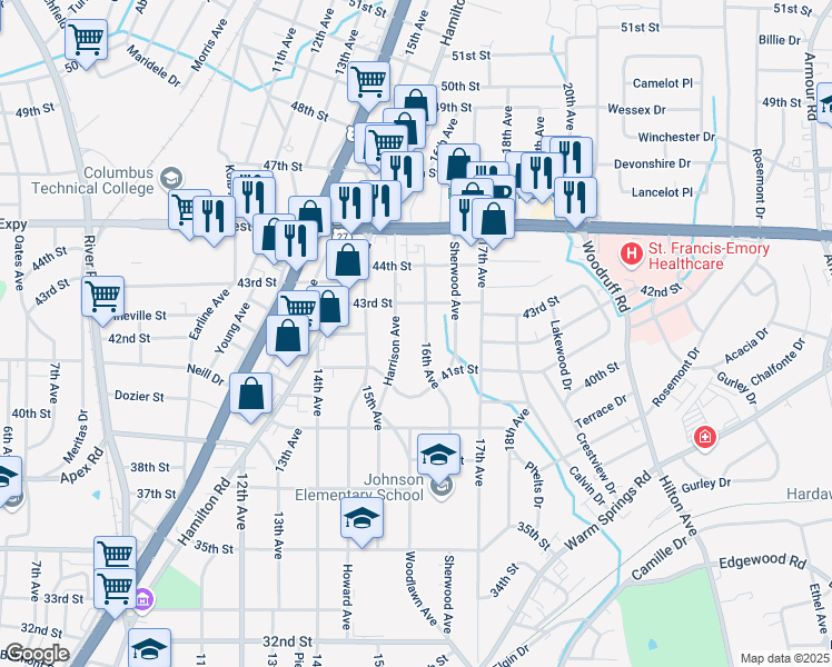 map of restaurants, bars, coffee shops, grocery stores, and more near 4147 16th Ave in Columbus