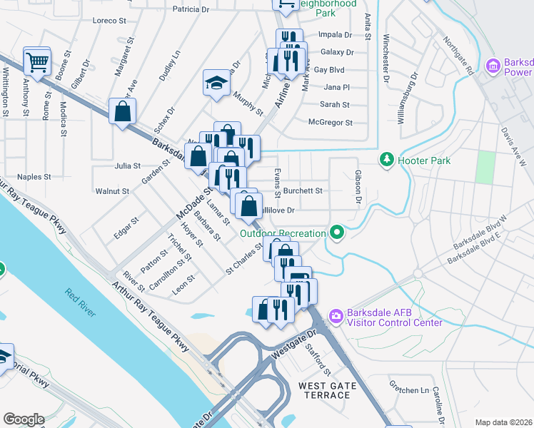 map of restaurants, bars, coffee shops, grocery stores, and more near 1120 Fullilove Drive in Bossier City