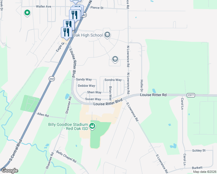 map of restaurants, bars, coffee shops, grocery stores, and more near 210 Brian Way in Red Oak