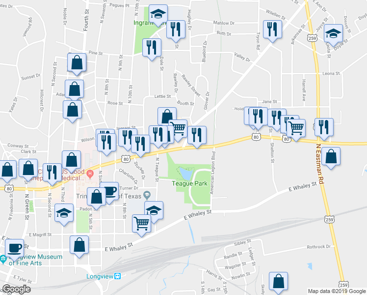 map of restaurants, bars, coffee shops, grocery stores, and more near 726 Farm to Market Road 2208 in Longview