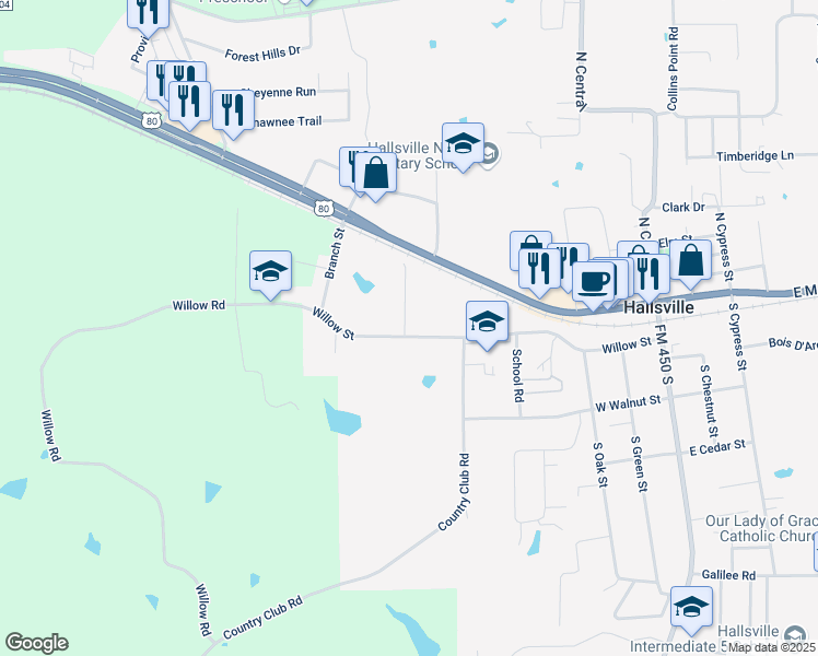map of restaurants, bars, coffee shops, grocery stores, and more near 103 Willow Creek Court in Hallsville