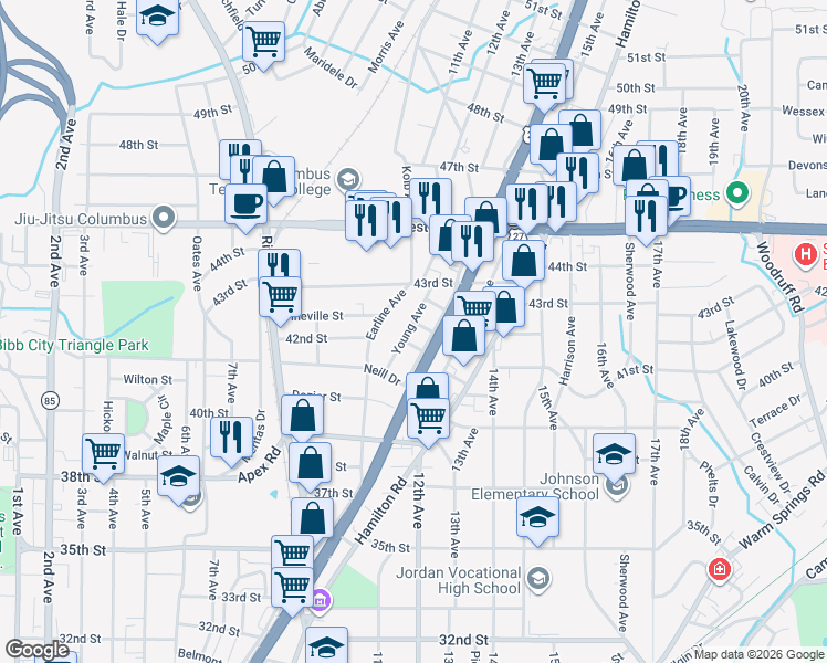 map of restaurants, bars, coffee shops, grocery stores, and more near 4009 Young Avenue in Columbus