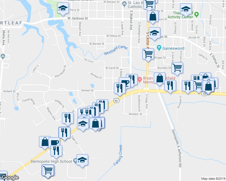 map of restaurants, bars, coffee shops, grocery stores, and more near 1115 South Commissioners Avenue in Demopolis