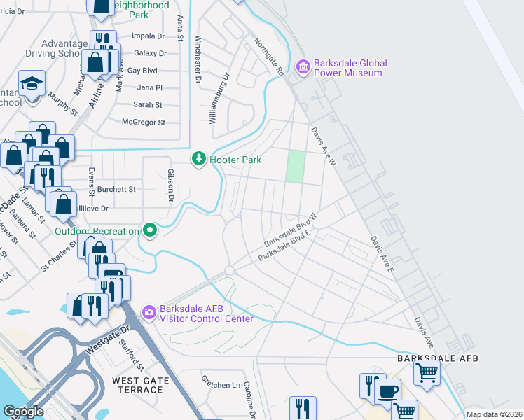 map of restaurants, bars, coffee shops, grocery stores, and more near 401-499 Ira Eaker Drive in Barksdale Air Force Base