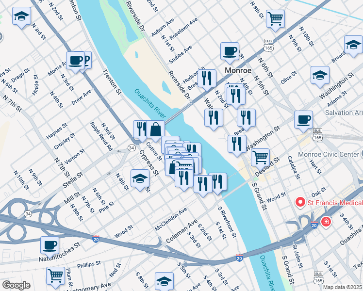 map of restaurants, bars, coffee shops, grocery stores, and more near 320 Commerce Street in West Monroe