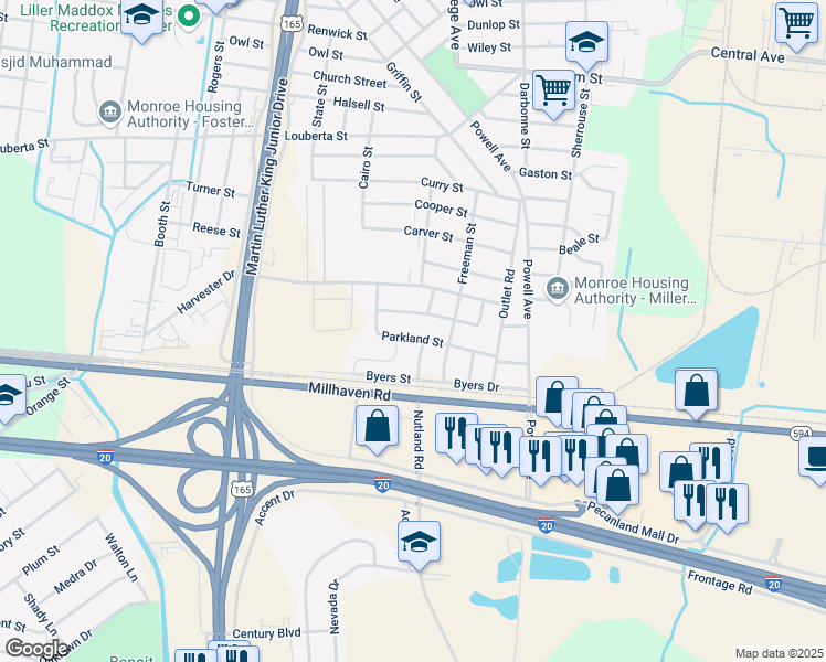 map of restaurants, bars, coffee shops, grocery stores, and more near 3607 Parkland Street in Monroe