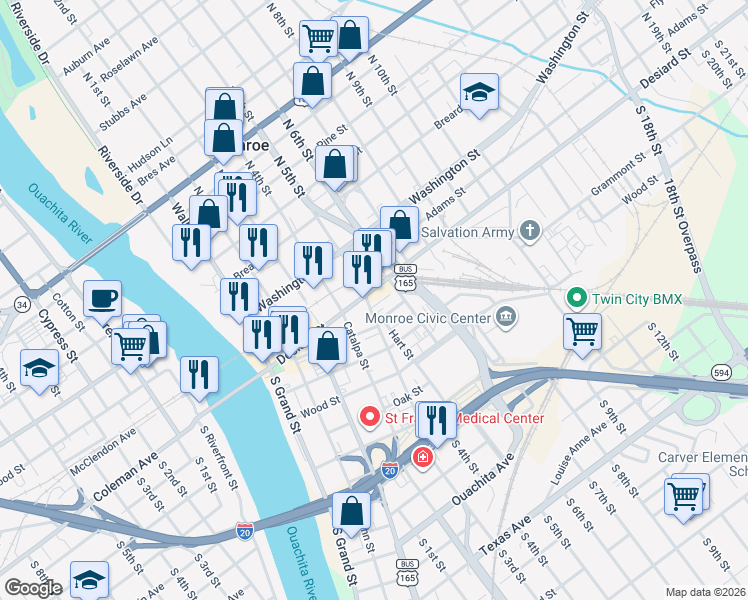 map of restaurants, bars, coffee shops, grocery stores, and more near 111 Hall Street in Monroe