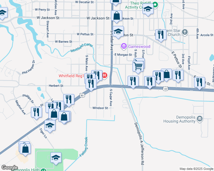 map of restaurants, bars, coffee shops, grocery stores, and more near U.S. 80 in Demopolis