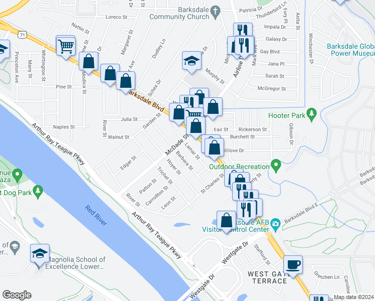 map of restaurants, bars, coffee shops, grocery stores, and more near 2538 Lamar Street in Bossier City