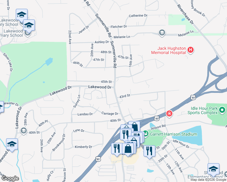 map of restaurants, bars, coffee shops, grocery stores, and more near 4305 Summerville Road in Phenix City