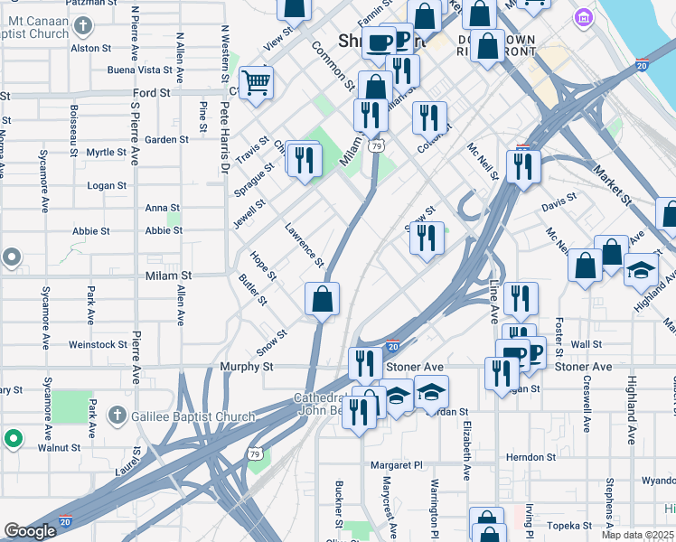 map of restaurants, bars, coffee shops, grocery stores, and more near 1057 Texas Avenue in Shreveport
