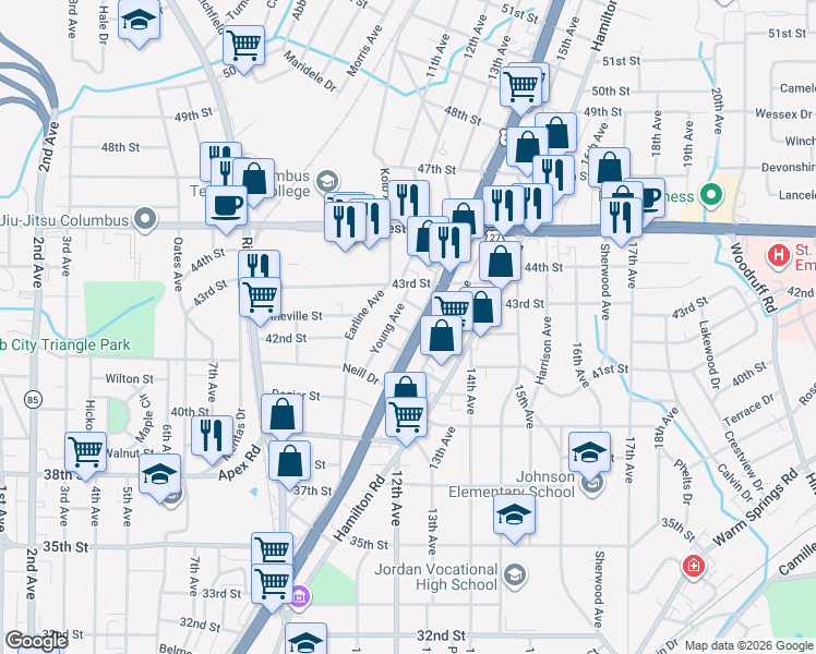 map of restaurants, bars, coffee shops, grocery stores, and more near 4103 Holly Avenue in Columbus