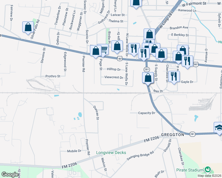 map of restaurants, bars, coffee shops, grocery stores, and more near 606 Rockdale Drive in Longview