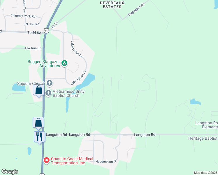 map of restaurants, bars, coffee shops, grocery stores, and more near 447 Langston Road in Perry