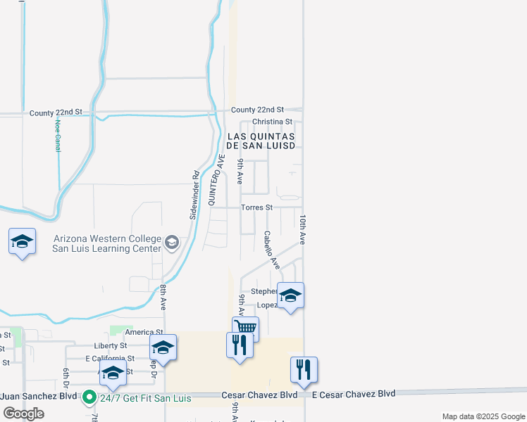 map of restaurants, bars, coffee shops, grocery stores, and more near Cabello Avenue in Somerton