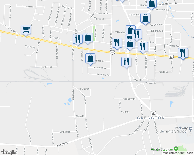 map of restaurants, bars, coffee shops, grocery stores, and more near 606 Rockdale Drive in Longview