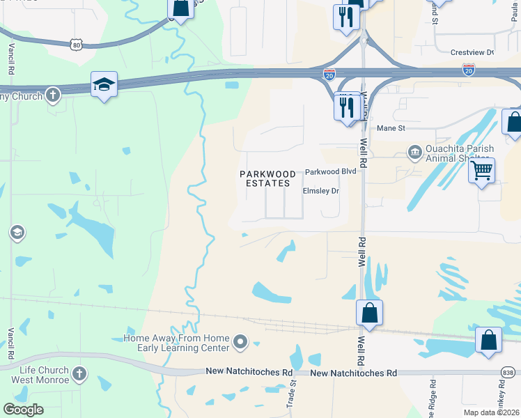 map of restaurants, bars, coffee shops, grocery stores, and more near 120 Wolf Lair Dr in West Monroe
