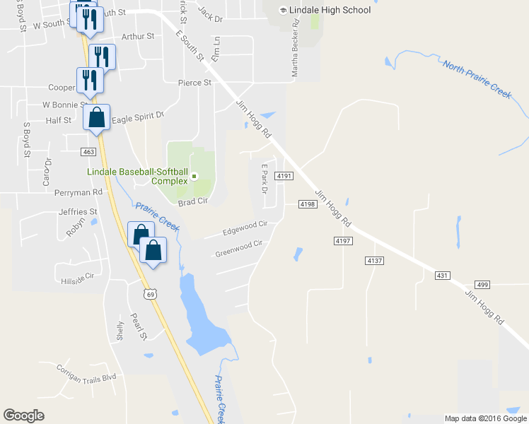 map of restaurants, bars, coffee shops, grocery stores, and more near 1141 Woodlands Park Drive in Lindale
