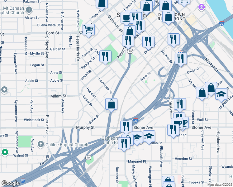 map of restaurants, bars, coffee shops, grocery stores, and more near 1057 Texas Avenue in Shreveport