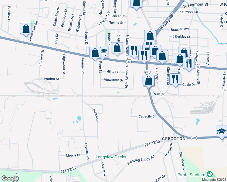 map of restaurants, bars, coffee shops, grocery stores, and more near 606 Rockdale Drive in Longview