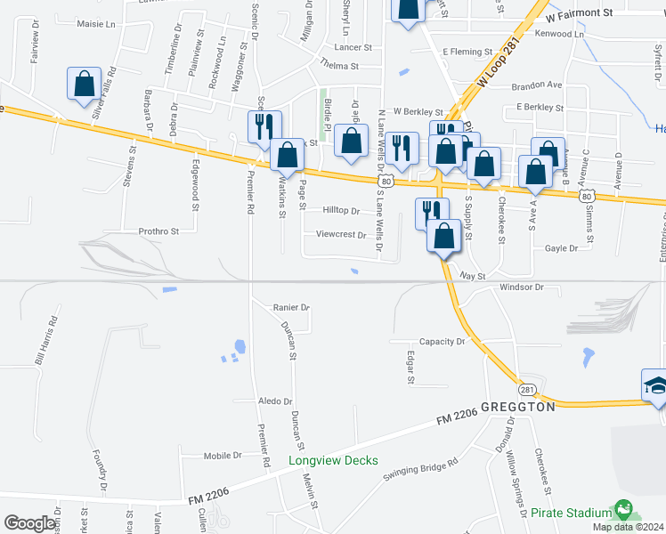 map of restaurants, bars, coffee shops, grocery stores, and more near 606 Rockdale Drive in Longview