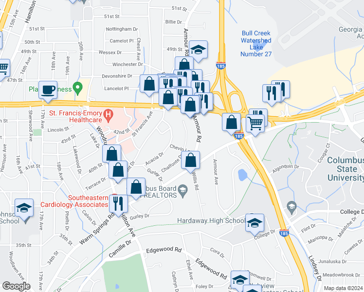 map of restaurants, bars, coffee shops, grocery stores, and more near 4303 Chalfonte Drive in Columbus
