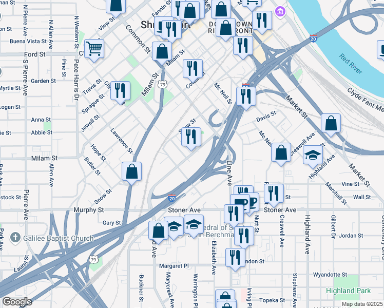 map of restaurants, bars, coffee shops, grocery stores, and more near 1124 Fairfield Avenue in Shreveport
