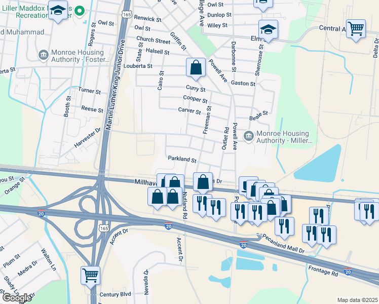 map of restaurants, bars, coffee shops, grocery stores, and more near Wildflower Street in Monroe