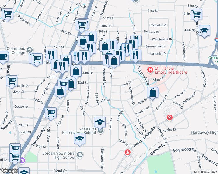 map of restaurants, bars, coffee shops, grocery stores, and more near 4132 Sherwood Avenue in Columbus