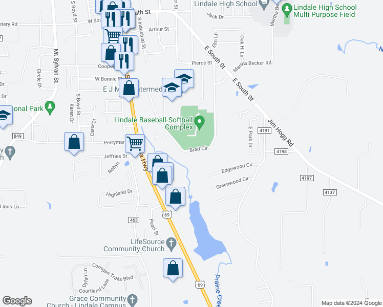 map of restaurants, bars, coffee shops, grocery stores, and more near 1238 Brad Circle in Lindale