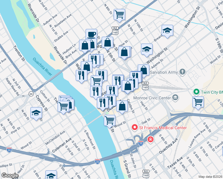 map of restaurants, bars, coffee shops, grocery stores, and more near 300 Washington Street in Monroe