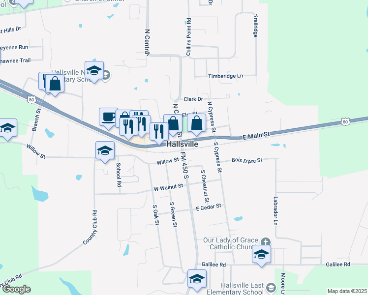 map of restaurants, bars, coffee shops, grocery stores, and more near 101 South Central Street in Hallsville