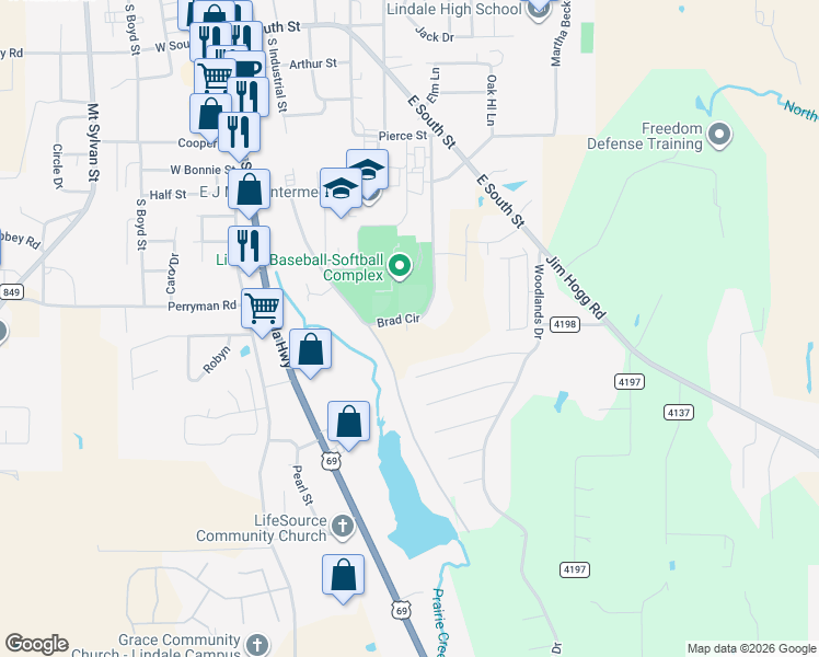 map of restaurants, bars, coffee shops, grocery stores, and more near 809 Edgewood Circle in Lindale