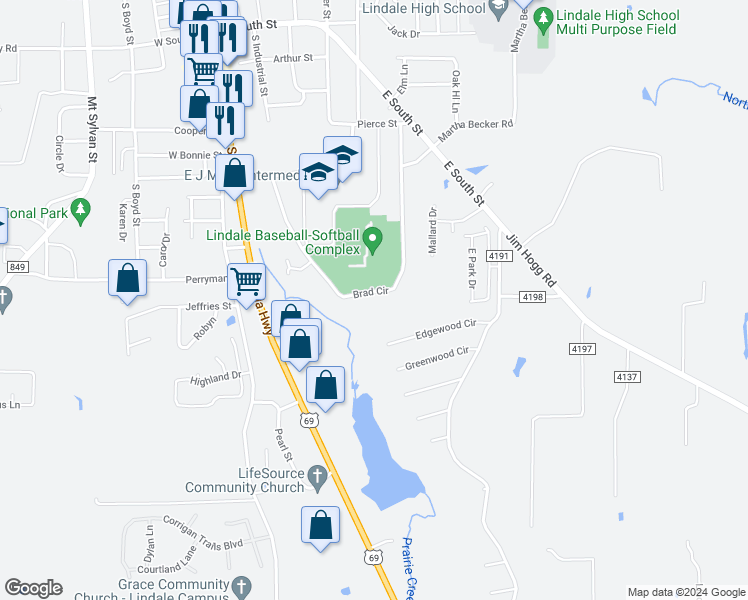 map of restaurants, bars, coffee shops, grocery stores, and more near 1238 Brad Circle in Lindale