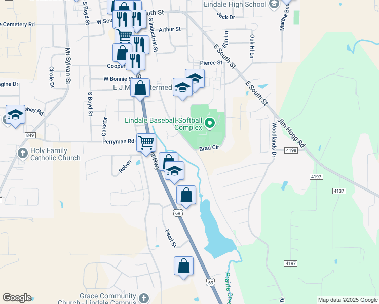 map of restaurants, bars, coffee shops, grocery stores, and more near 1340 Brad Circle in Lindale