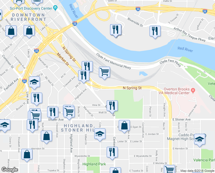 map of restaurants, bars, coffee shops, grocery stores, and more near Spring Saint Service Dr Road in Shreveport
