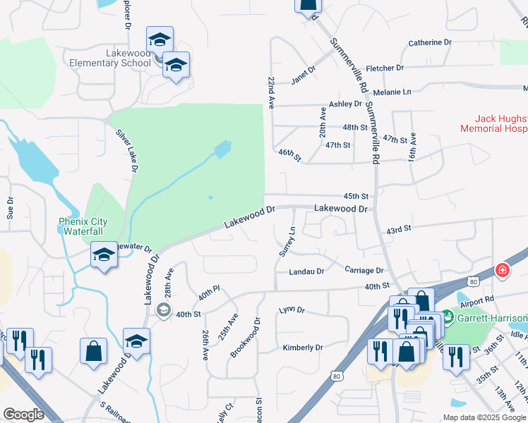 map of restaurants, bars, coffee shops, grocery stores, and more near 1801 Lakewood Drive in Phenix City